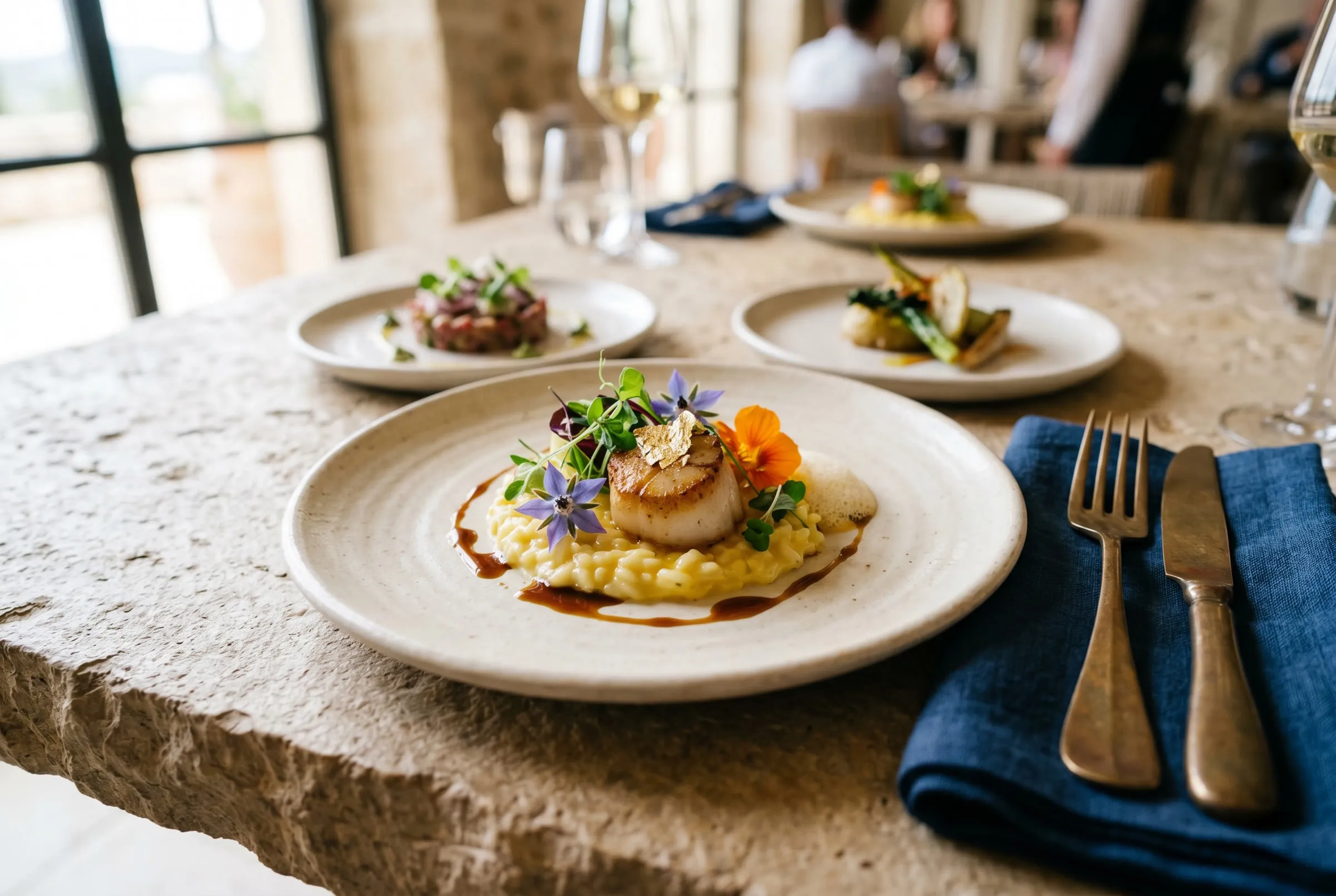 A composed plated fine-dining course on a styled table