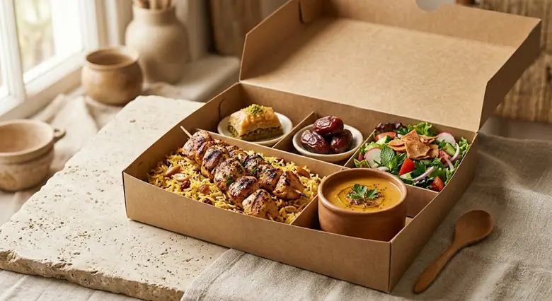 A culturally-responsive halal catering spread including Ramadan iftar