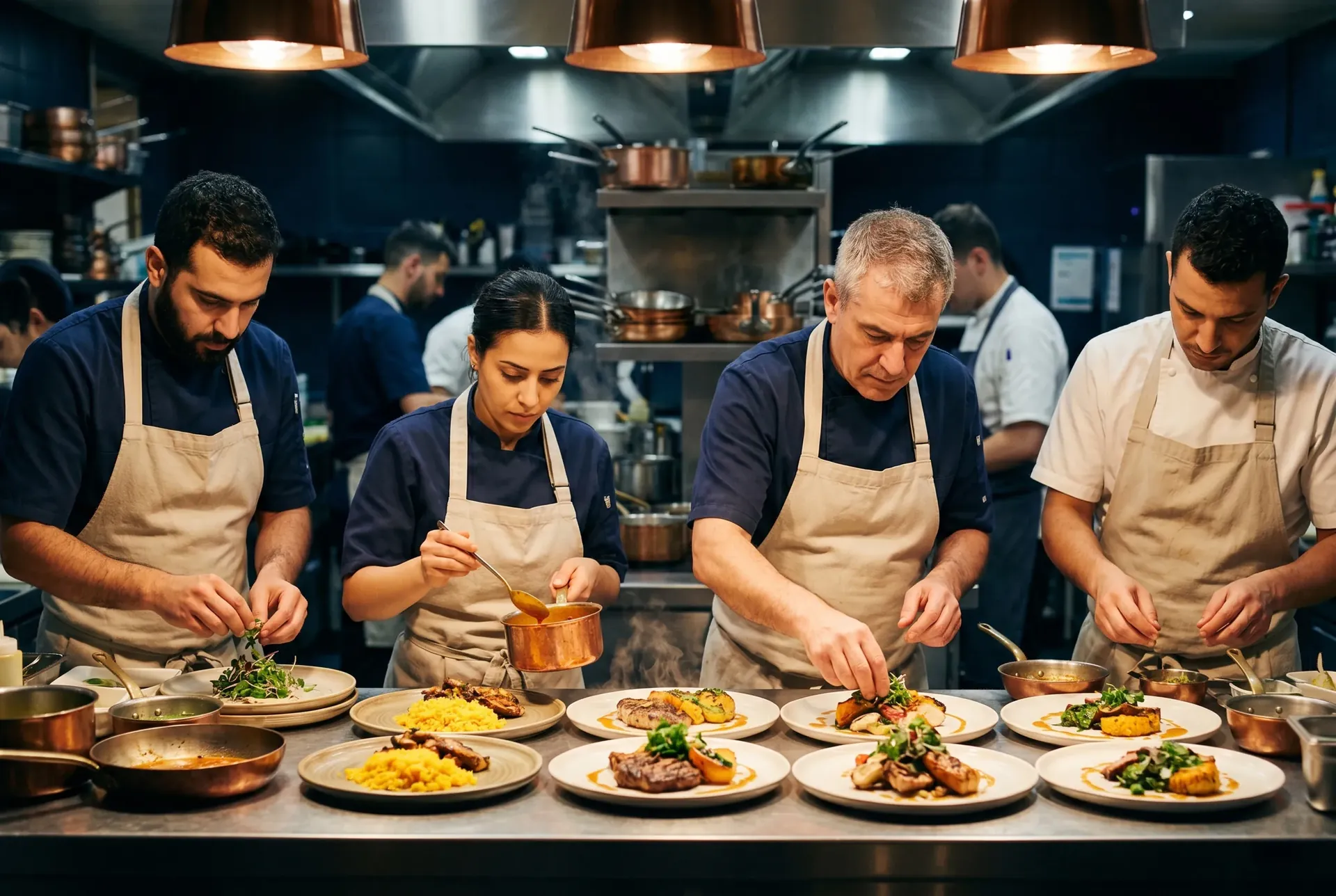 A kitchen brigade plating a course at the pass