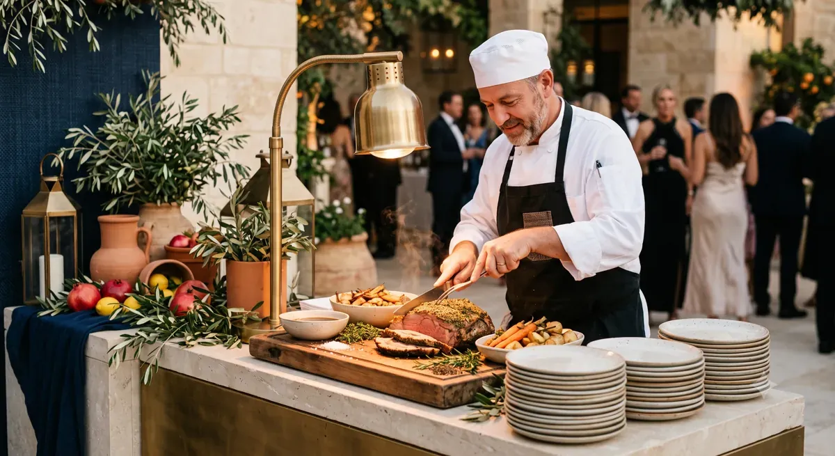 A chef carving at a staffed catering buffet station