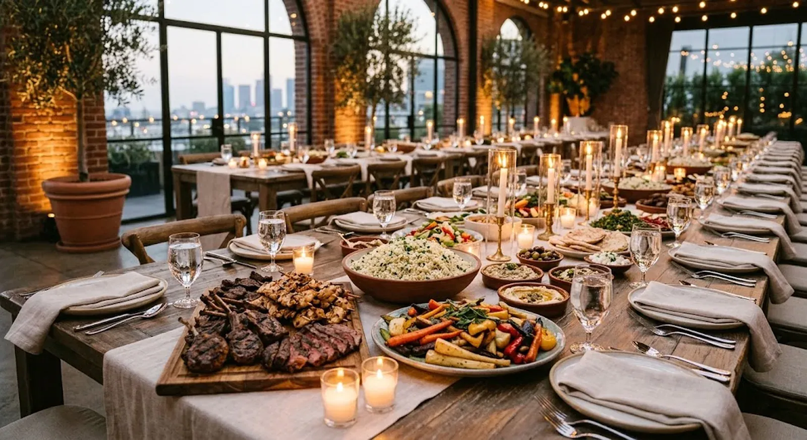 A long dressed table set for family-style catering, large shared platters placed down the centre for guests to pass