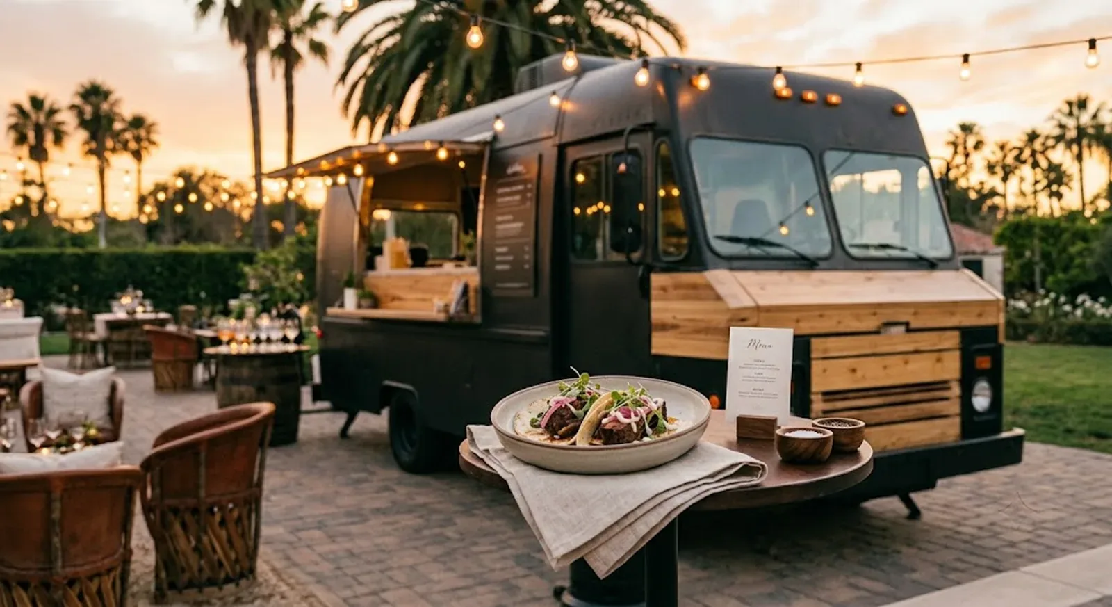 Food truck catering at an outdoor Los Angeles event at sunset