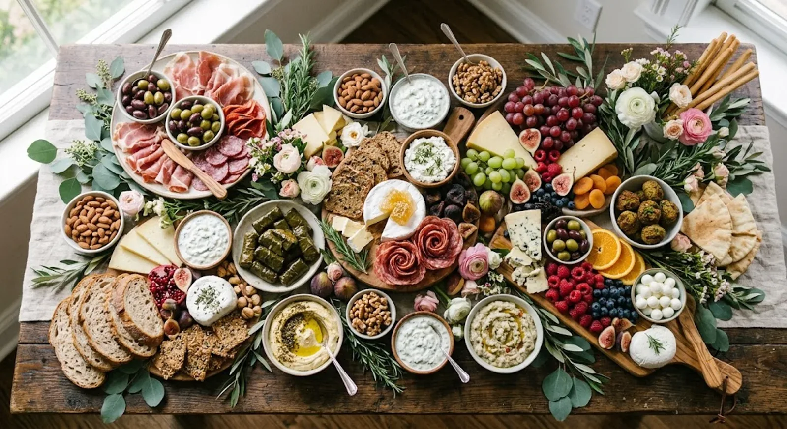A grazing table laid with mezze, cheeses, fruit and breads