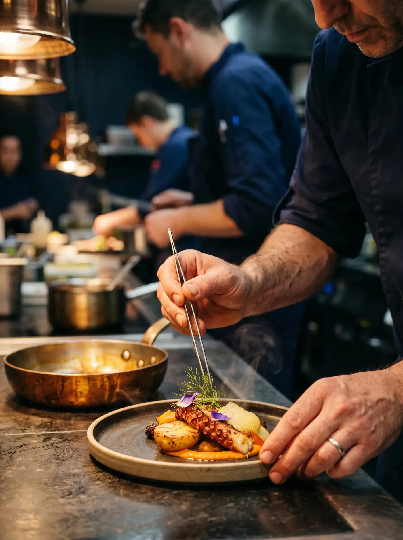 A cook finishing a plate at the pass