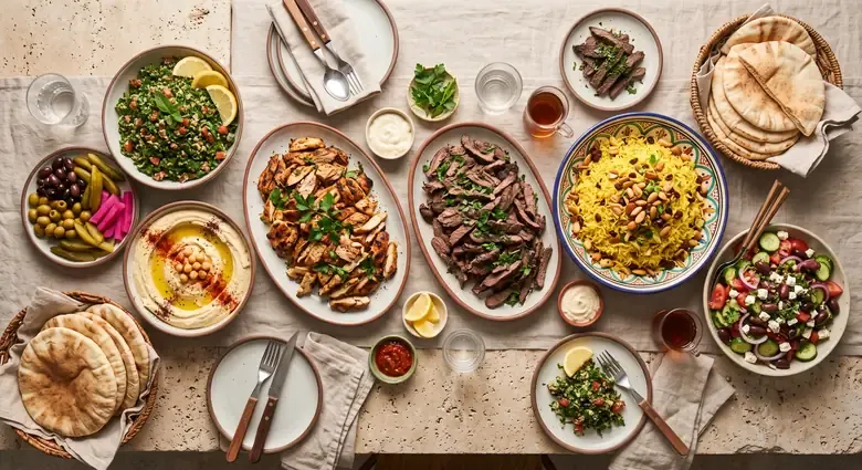 A drop-off catering spread of platters and bowls set out on a table