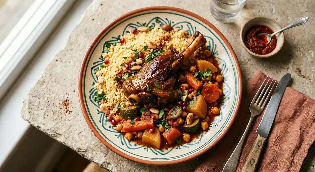 Tunisian couscous crowned with slow-braised lamb, chickpeas and vegetables